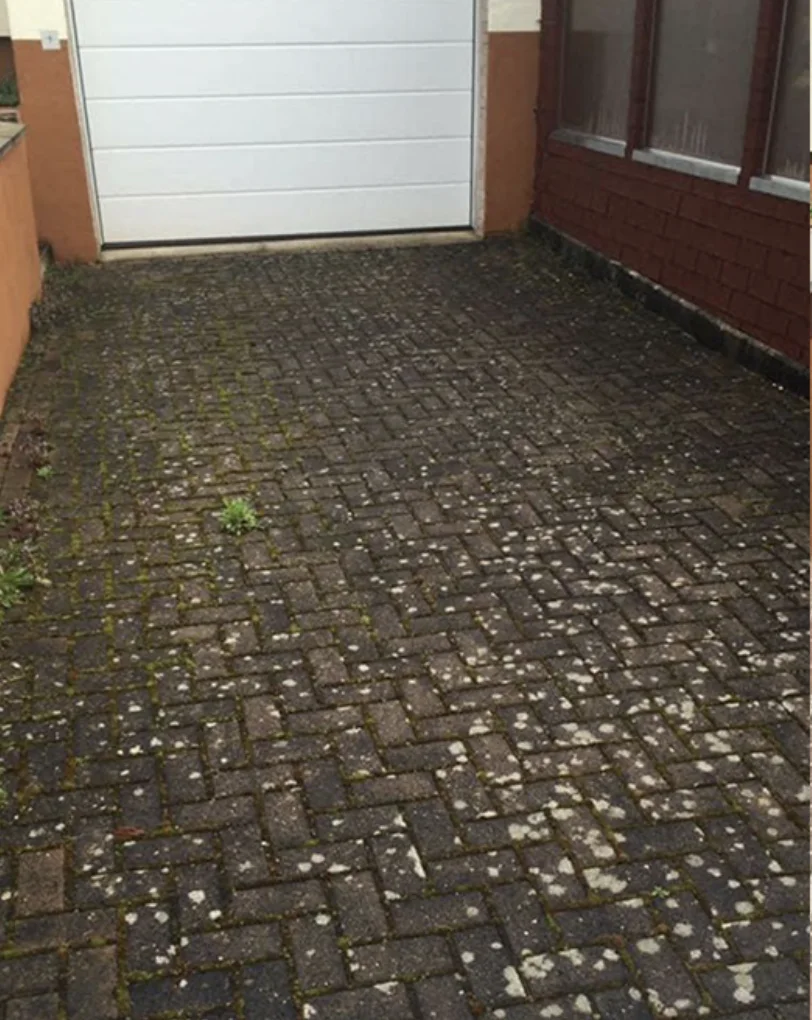 Pflasterfläche mit Moos und Ablagerungen vor der Reinigung