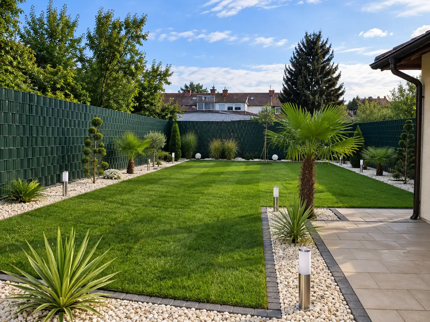 Fertig angelegter Garten mit Rasen, Zierpflanzen und Kiesbeeten