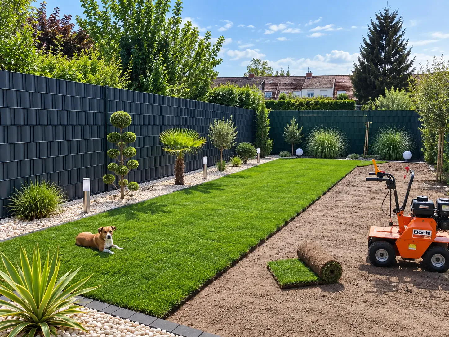 Garten während der Verlegung des neuen Rollrasens